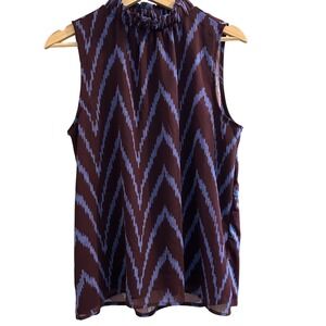 Ann Taylor Burgundy Ikat Chevron Ruffle Neck Sleeveless Shell Top Small